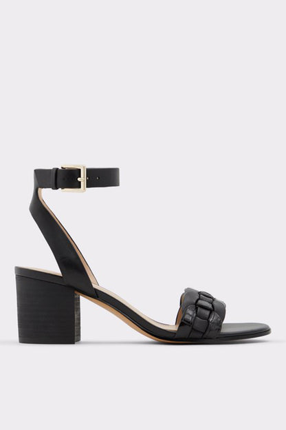 ALDO black heeled sandals with ankle buckle strap and woven toe detail