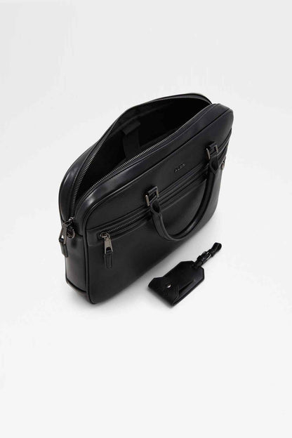 ALDO black handbag angled view with front zipper and small hang tag