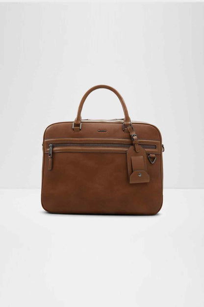ALDO brown leather top-handle satchel with front pockets and shoulder strap