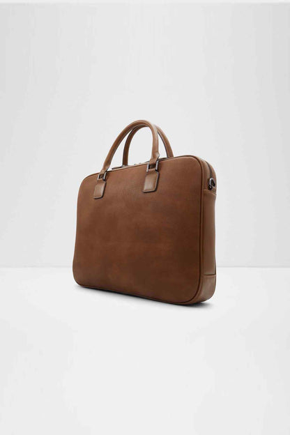 ALDO brown leather top-handle satchel, side view with metal hardware