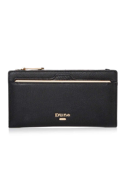 Black leather zip wallet with gold logo panel