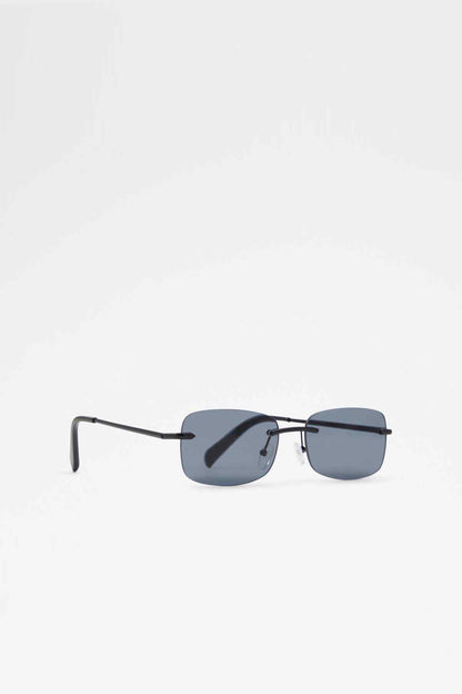 ALDO square sunglasses in black frame, side view with blue-tinted lenses