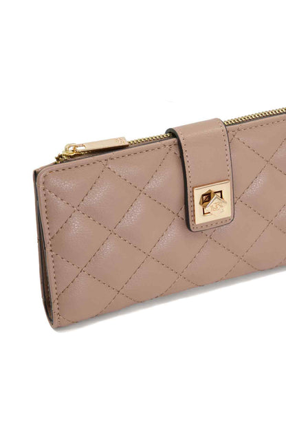 Taupe quilted wallet with front logo plate and gold-tone zipper hardware
