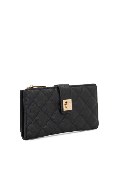 Quilted black leather wallet with gold-tone logo plaque, side view