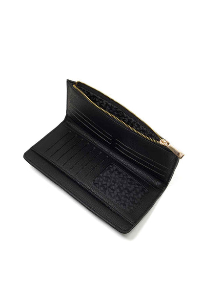 Black leather wallet with card slots and gold-tone zipper opening