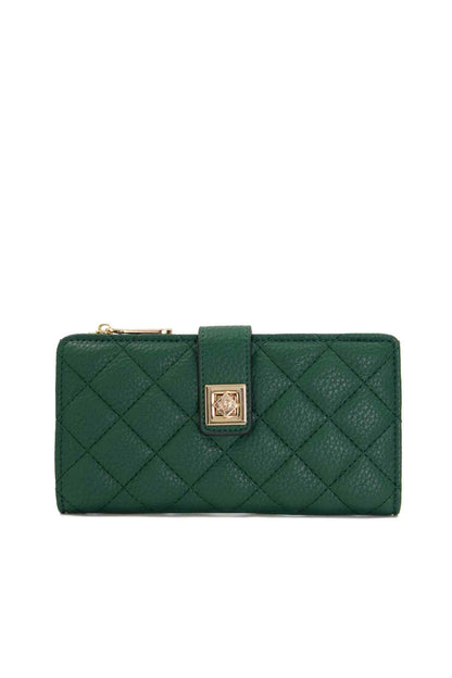 Quilted dark green leather wallet with gold zipper and central logo clasp