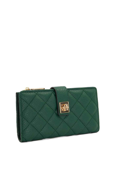 Dark green quilted leather wallet with gold logo plate and top zipper