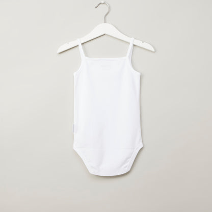 BABYSHOP white baby bodysuit on hanger with square neck and thin straps