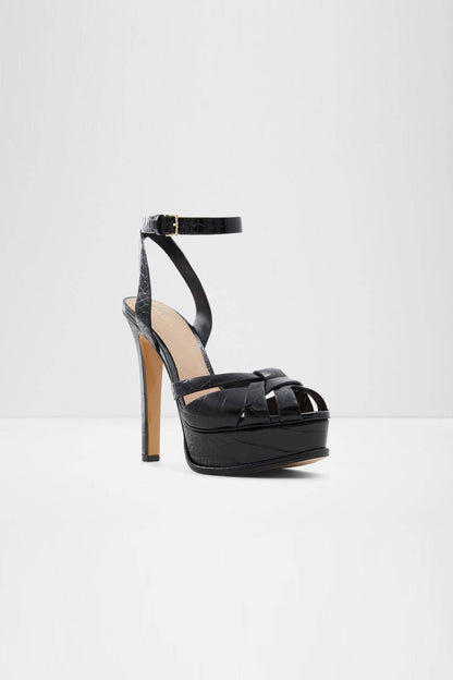 Black high-heel platform sandal with ankle strap and crisscross straps