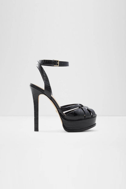 Black high-heel platform sandal with open toe, ankle strap, and wraparound straps