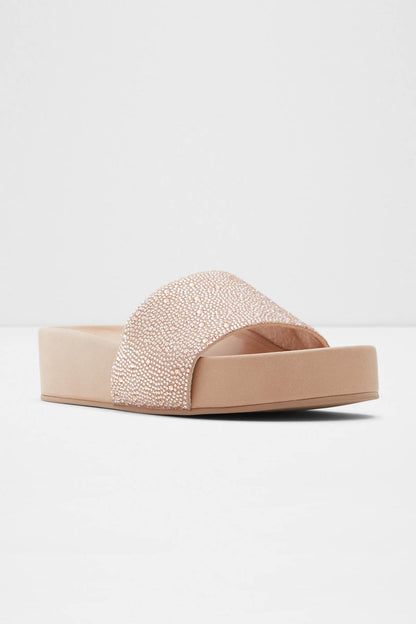 ALDO bone slide sandal with wide rhinestone band and low flat platform