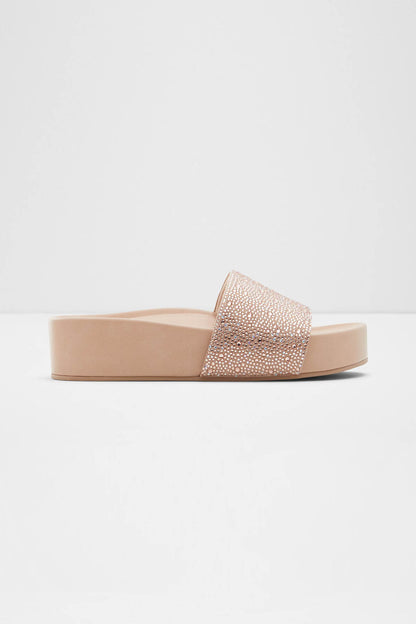 ALDO bone slide sandal with wide rhinestone strap and cushioned sole