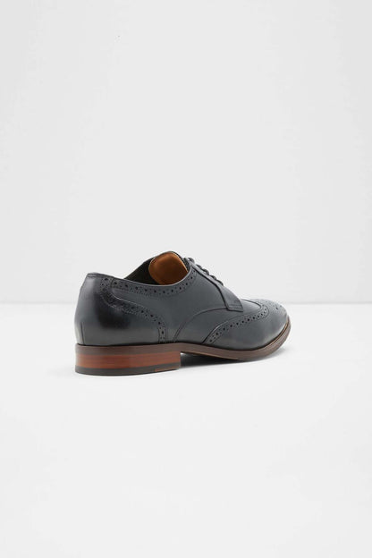 ALDO black leather lace-up oxford shoes, side view, brown outsole