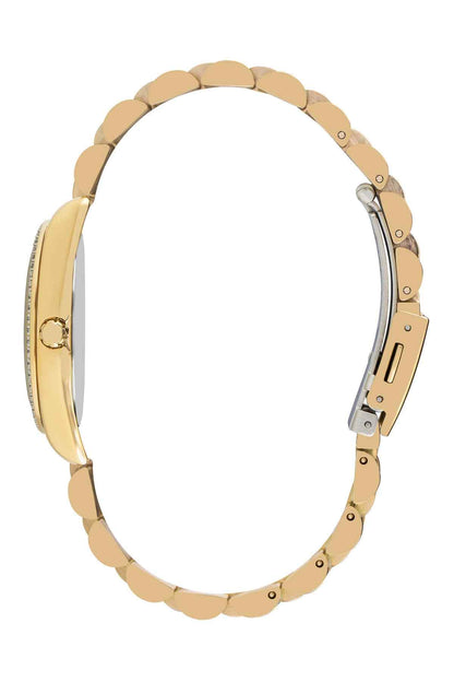 Lee Cooper gold-tone watch from side view with linked bracelet and crown