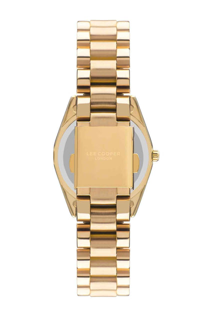 Lee Cooper gold-tone wristwatch back view with engraved case and metal bracelet