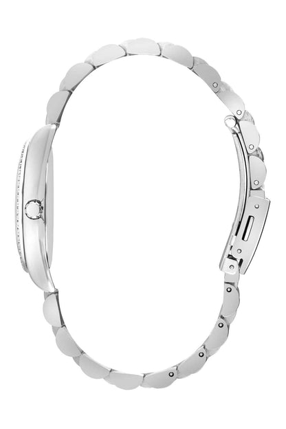 Lee Cooper silver watch, side view of steel bracelet and case with crown