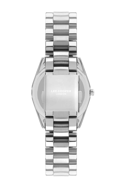Lee Cooper silver wristwatch, angled caseback view with engraved markings