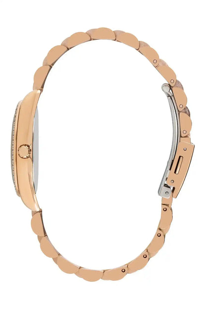 Rose gold-tone watch side view with metal link bracelet and crown at 3 o'clock