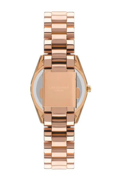 Rose gold-tone watch with rectangular case back, metal bracelet links