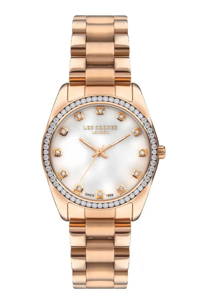 Lee Cooper rose gold-tone watch with rhinestone bezel and white dial, metal bracelet