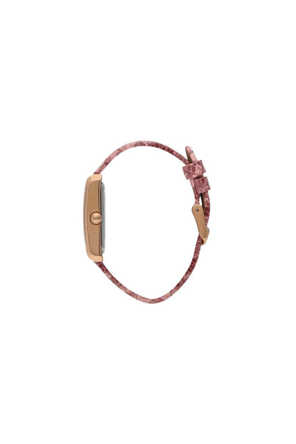 Pink patterned fabric strap wristwatch with gold-tone case side and crown detail