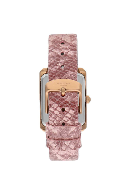 Pink patterned strap wristwatch with gold-tone bezel, crown, and analog dial