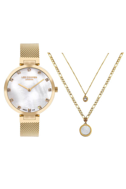 Lee Cooper gold mesh strap watch with layered chain necklace set