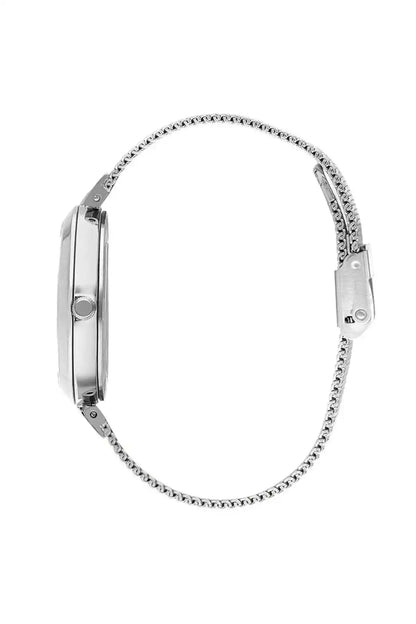 Silver mesh bracelet wristwatch with round case, side profile