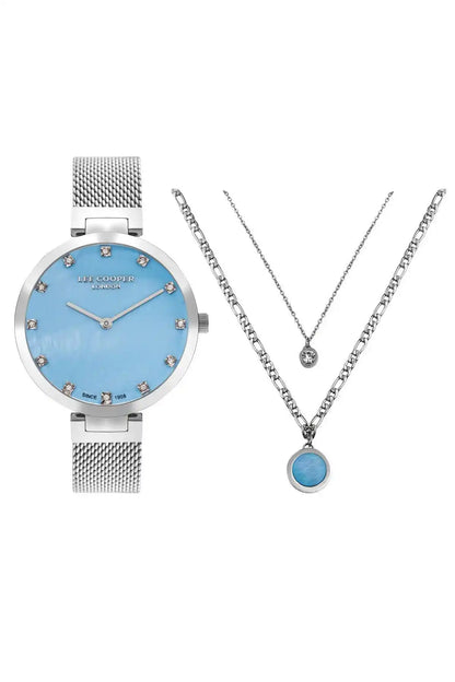 Silver watch and pendant necklace set with blue round dial and charm pendants