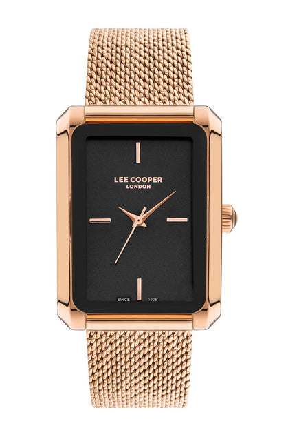 Rose gold mesh strap watch with black square dial and gold-toned hands