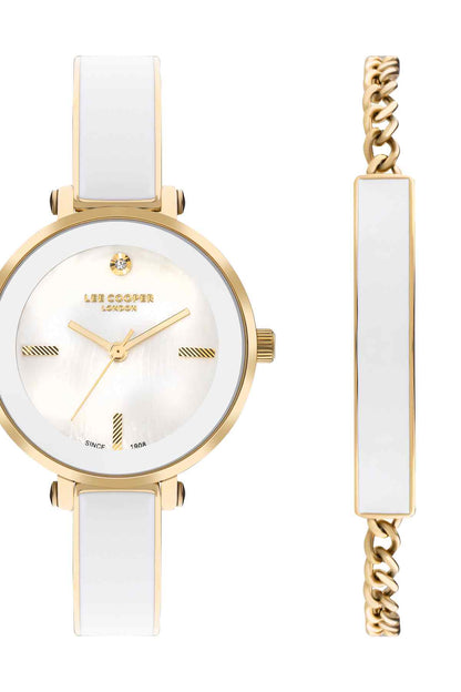 Lee Cooper gold rectangular-faced watch with linked bracelet
