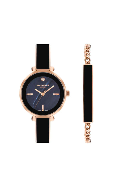 Rose gold analog wristwatch with black dial and black strap, rose gold crown