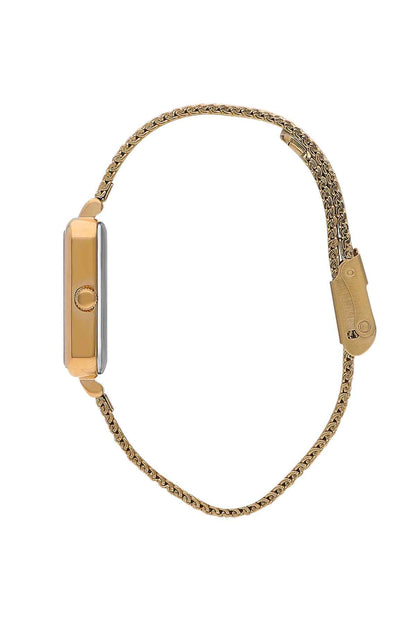Lee Cooper gold-tone mesh strap wristwatch side view with square case and crown