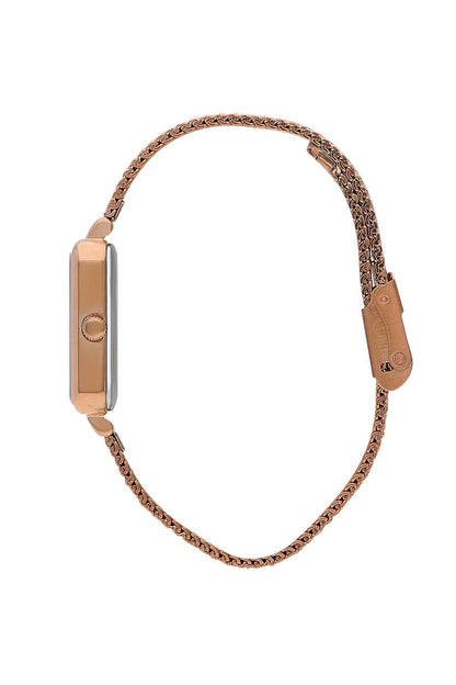 Rose gold mesh strap wristwatch with side crown and link details