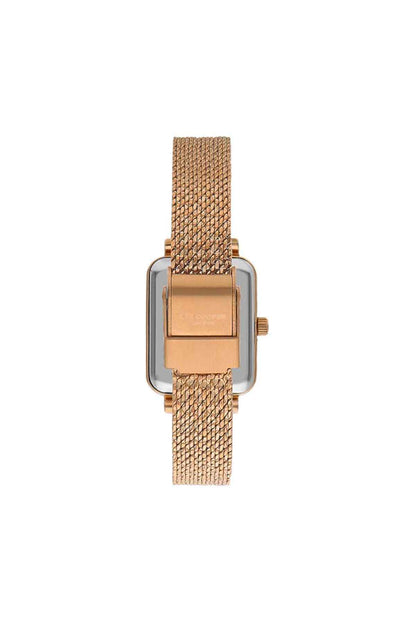 Rose gold mesh strap wristwatch with rectangular clasp and case side