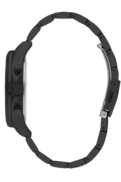 Black wristwatch side view with crown, pushers, and bracelet links