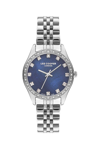 Silver stainless steel wristwatch, blue dial with crystal bezel and diamond markers