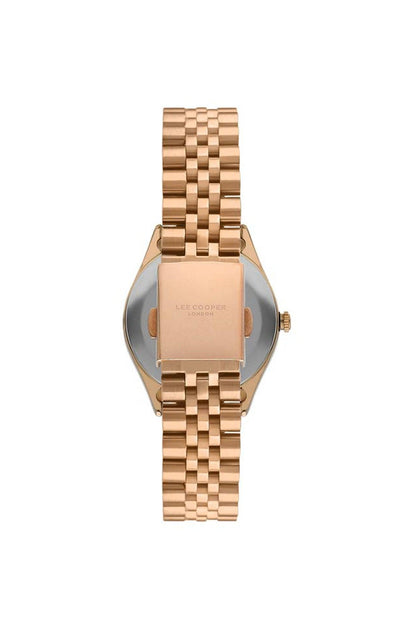 Rose gold wristwatch with textured dial and case-side crown, metal link strap