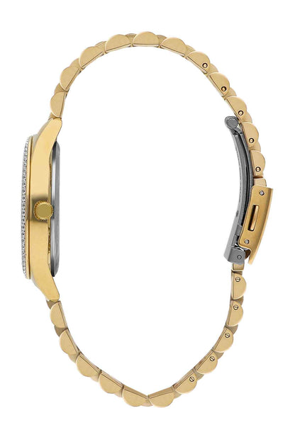 Gold Lee Cooper wristwatch side view, gold metal links and crown, crystal bezel