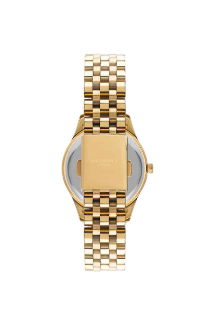 Gold Lee Cooper wristwatch with white dial, gold hands and hour markers, metal link strap