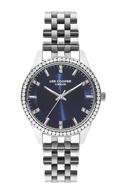 Lee Cooper silver metal wristwatch with blue dial, gem bezel, and link bracelet