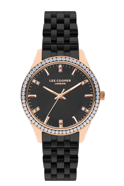 Lee Cooper black wristwatch with diamond-style bezel and gold-tone hands