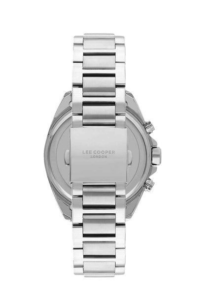 Silver metal watch case back with bracelet links