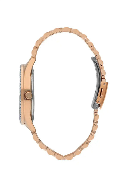 Lee Cooper rose gold-tone watch case side view with crown and link bracelet