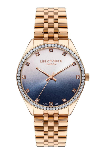Lee Cooper rose gold-tone wristwatch with blue dial and rhinestone bezel