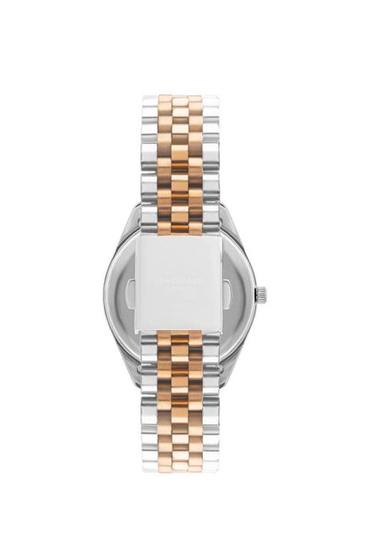 Silver and rose gold striped bracelet wrist watch with analog face and crown