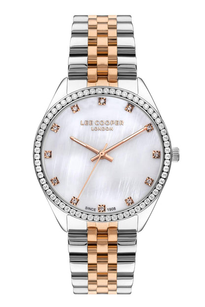 Silver and rose gold two-tone wrist watch with rhinestone bezel, analog dial