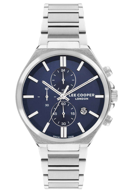 Lee Cooper silver-tone chronograph wristwatch with navy dial and metal bracelet
