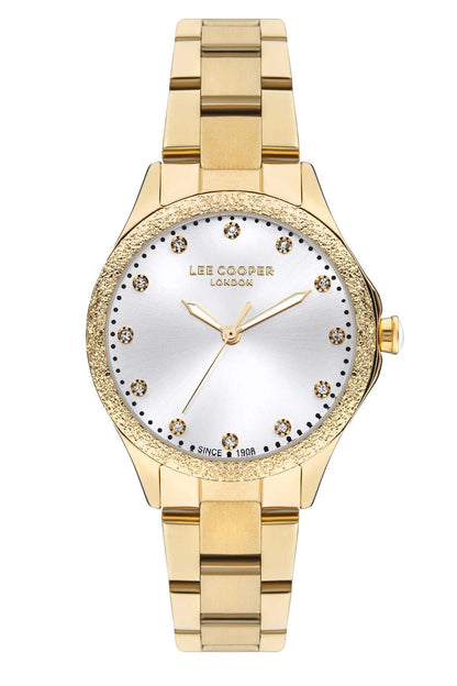 Lee Cooper gold-tone wristwatch with white dial and gemstone bezel