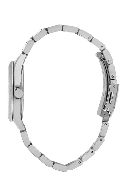 Silver metal wristwatch side view with round case, crown, and link bracelet